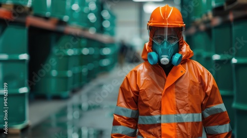 Image of a worker in protective equipment including a respirator handling hazardous materials in a warehouse setting with deep depth of field