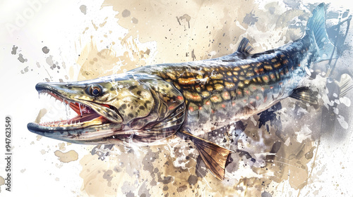 A fierce pike fish breaks the water's surface, sending droplets flying in an exhilarating display of energy and movement