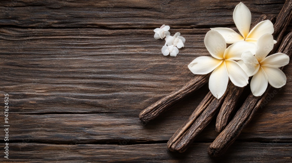 Vanilla Bean Pods and White Flowers on Rustic Wooden Background Vanilla Bean Pods and White Flowers on Rustic Wooden Background