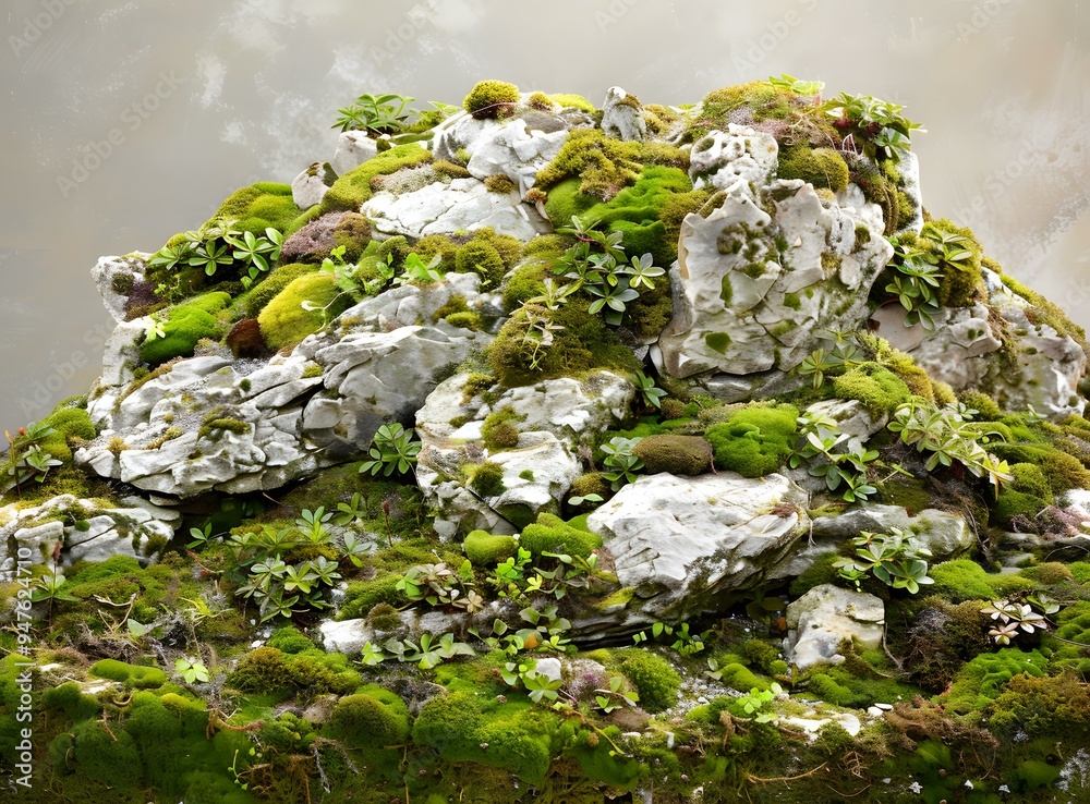 Green Mossy Rocks with Small Plants Green Mossy Rocks with Small Plants