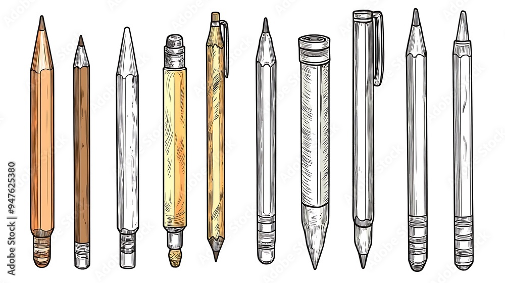 A set featuring a collection of pencils drawn A set featuring a collection of pencils drawn