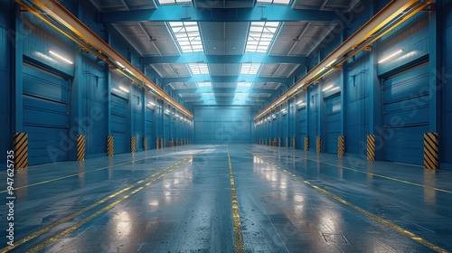 Empty industrial warehouse with blue walls and yellow lines on the floor