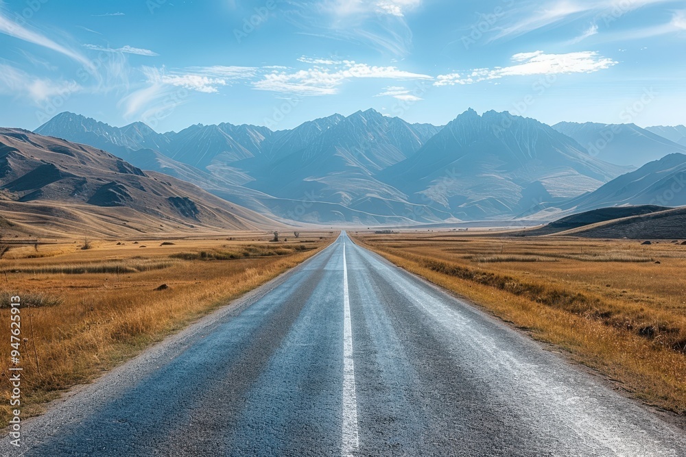 Empty Asphalt Road Leading Through Mountain Valley Under Blue Sky Empty Asphalt Road Leading Through Mountain Valley Under Blue Sky