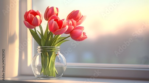 Elegant Tulip Bouquet in Transparent Glass Jar on Windowsill