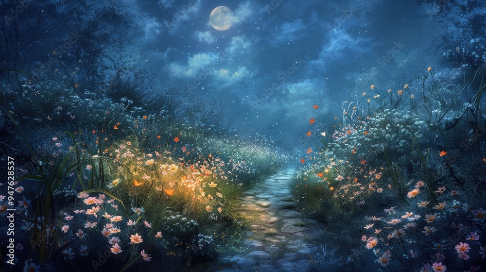 Fototapeta premium Moonlit Path Through a Magical Forest Garden