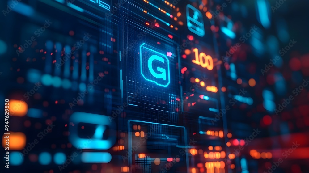 Fototapeta premium Futuristic 6G Network Icons Overlaying a High Tech Digital Interface