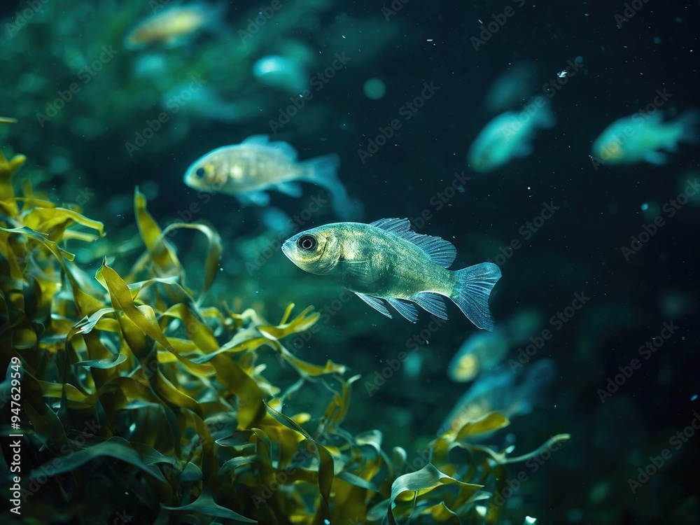 A school of fish swim through a bed of seaweed in a dark blue ocean. A school of fish swim through a bed of seaweed in a dark blue ocean.