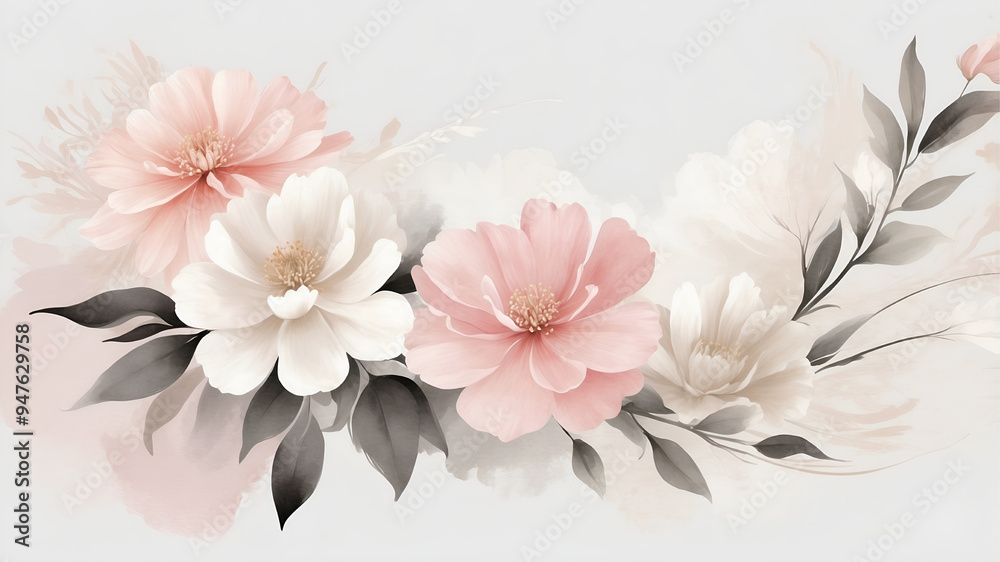 A delicate arrangement of soft pink and white flowers with gentle watercolor accents