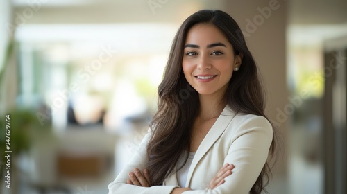 A successful and confident Arab Hispanic smiling Latinx Indian businesswoman in the office, with arms crossed and a warm smile, representing female leadership and empowerment in the corporate world, s