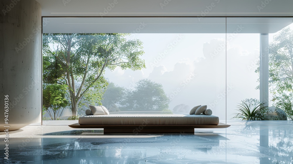 Fototapeta premium Minimalist Interior Design with a View of Greenery and Fog