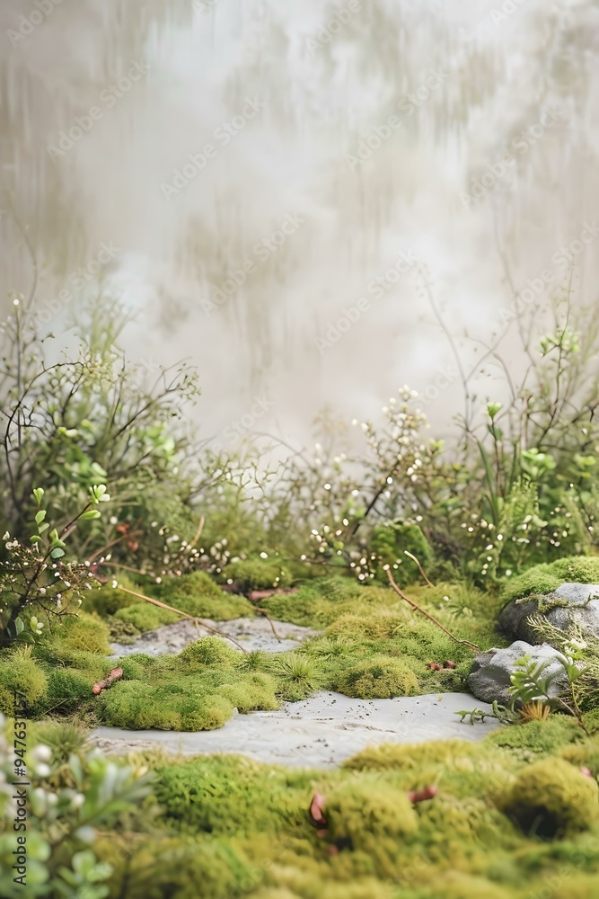 Green Mossy Forest Ground with White Flowers and  Blurred Background