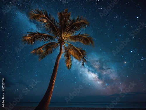 A single palm tree stands tall against a backdrop of the Milky Way galaxy, a stunning night sky spectacle over a tranquil beach.