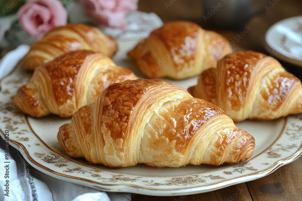 french bakery indulgence artfully arranged golden croissants on vintage ceramic plate with soft natural light highlighting flaky texture and buttery sheen french bakery indulgence artfully arranged golden croissants on vintage ceramic plate with soft natural light highlighting flaky texture and buttery sheen