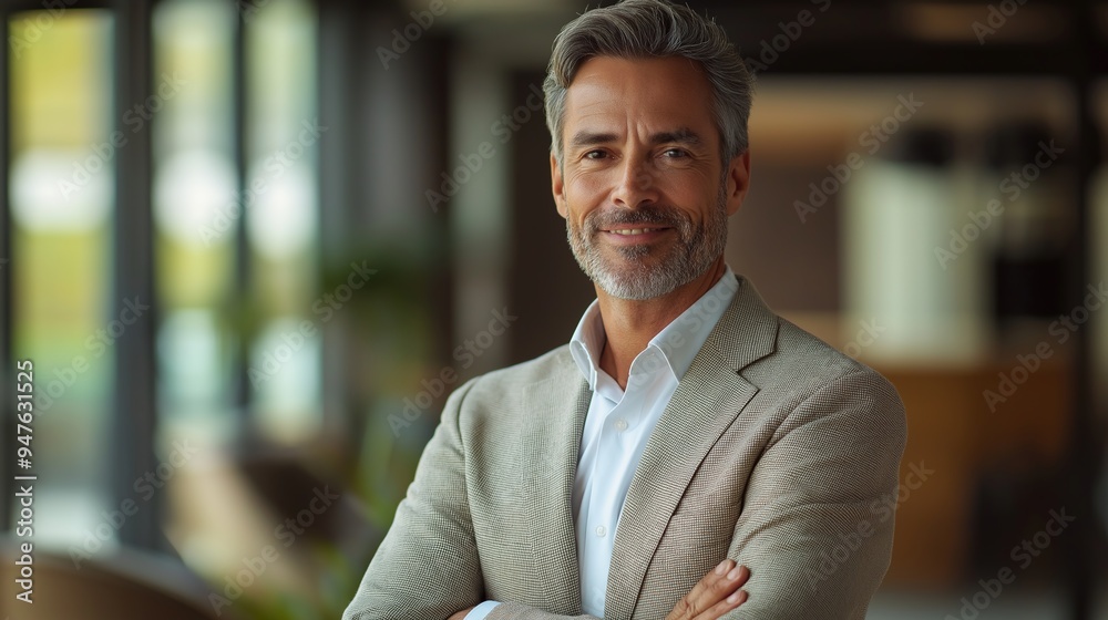 Naklejka premium A smiling mid-aged businessman executive standing confidently in an office, showcasing his maturity and professionalism as a successful manager and investor, looking directly at the camera in a portra