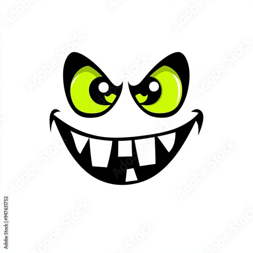 Evil grin face with glowing green eyes, Simple cartoon face with a menacing grin and bright green eyes, exuding a creepy and mischievous expression.