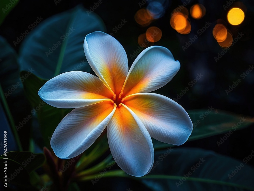 A single white and yellow plumeria flower with a dark background and warm bokeh lights in the distance. A single white and yellow plumeria flower with a dark background and warm bokeh lights in the distance.