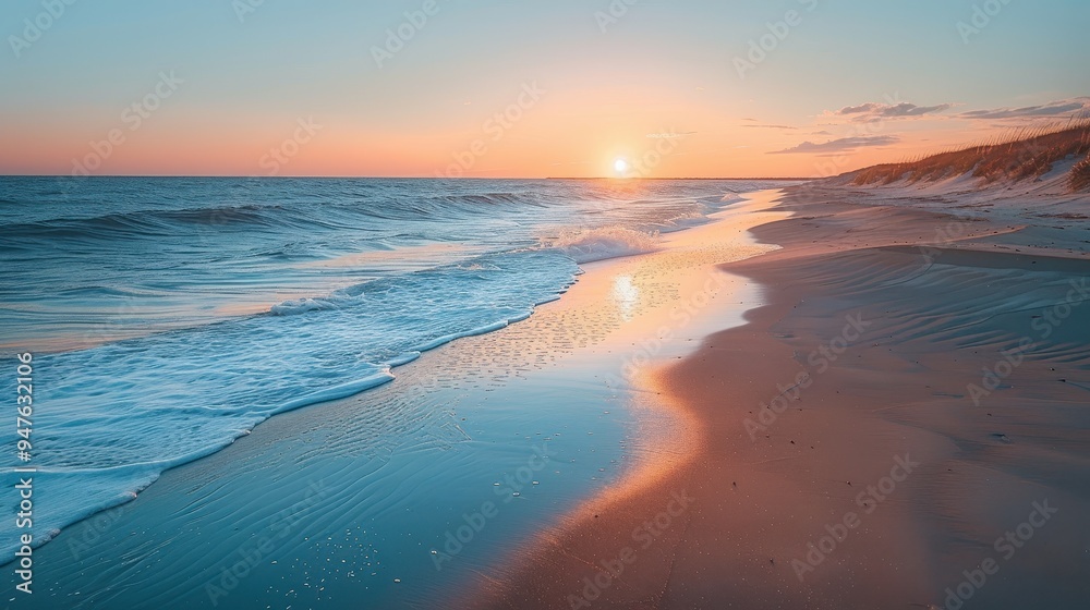 Golden Sunset Over Calm Ocean Waves and Sandy Beach Golden Sunset Over Calm Ocean Waves and Sandy Beach