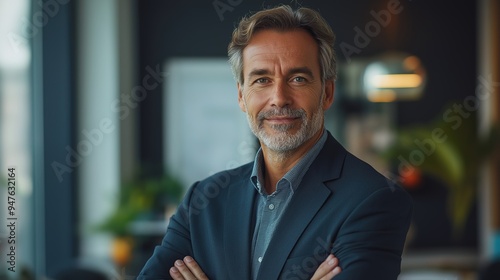 A smiling mid-aged businessman executive standing confidently in an office, showcasing his maturity and professionalism as a successful manager and investor, looking directly at the camera in a portra