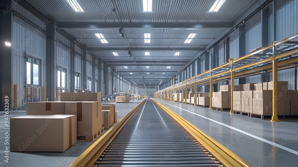 Obraz premium High Tech Automated Warehouse with Robotic Arms and Conveyor Belts Efficiently Moving Packages