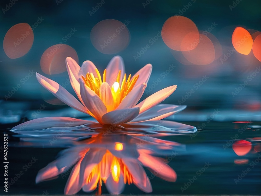 A single white water lily with yellow center blooms in a pond at dusk, the water reflecting the flower and blurred lights in the background. A single white water lily with yellow center blooms in a pond at dusk, the water reflecting the flower and blurred lights in the background.
