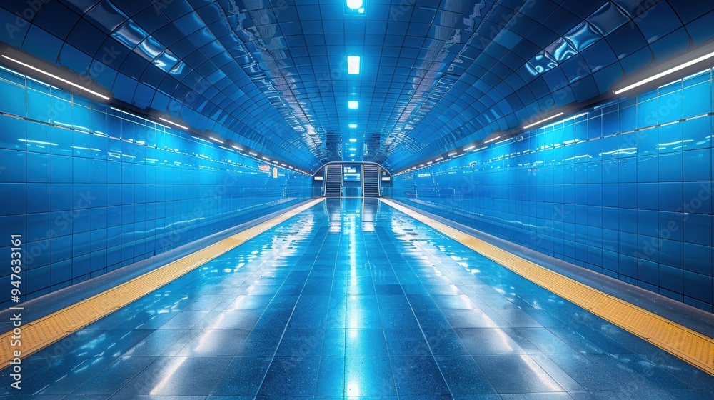 Empty Subway Tunnel with Blue Tiles and Fluorescent Lights