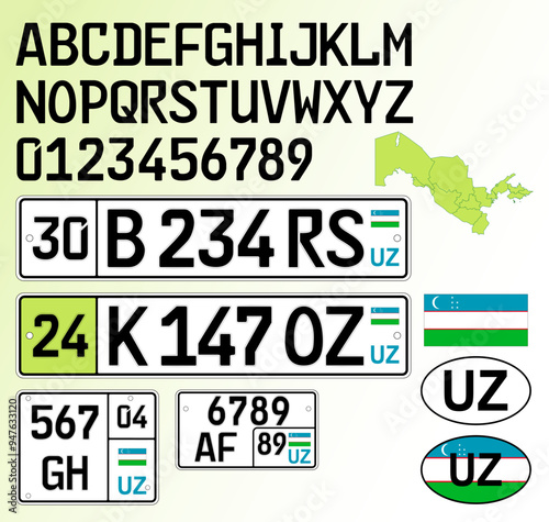 Uzbekistan car license plate pattern, asian country, vector illustration