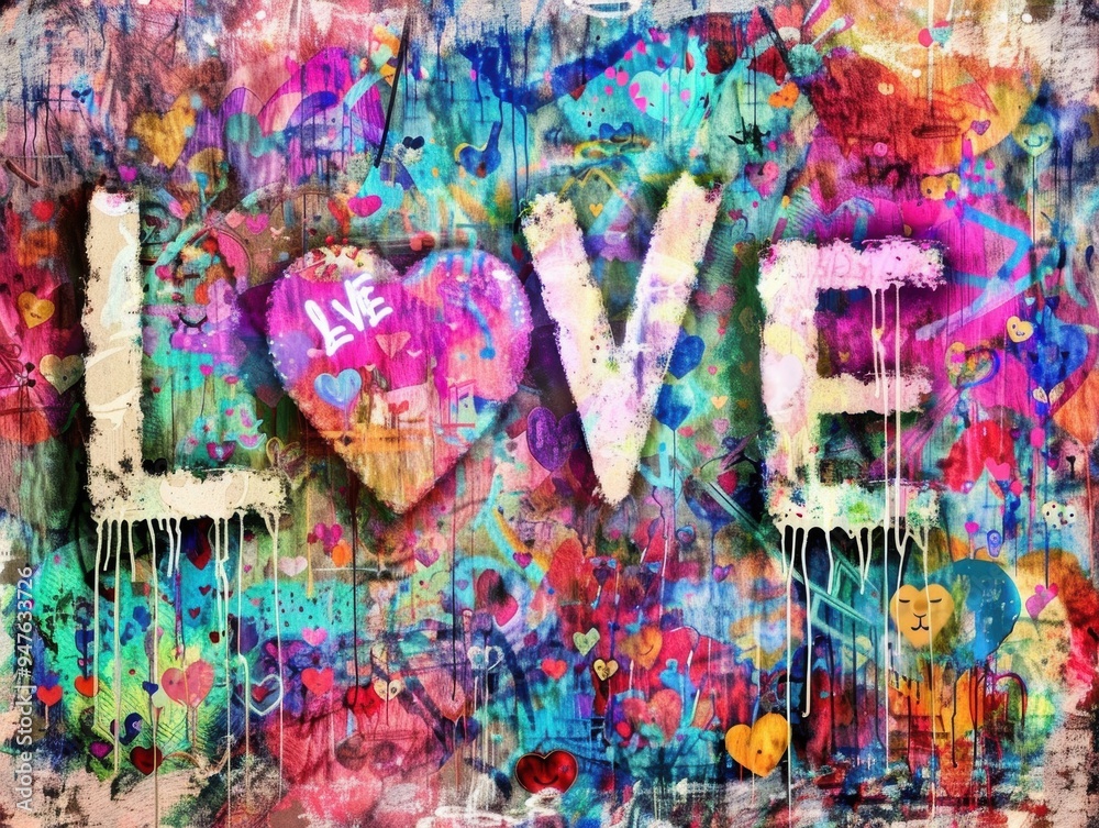Colorful Graffiti-Style Love Text with Heart. Vibrant Urban Art Featuring Love and Hearts Colorful Graffiti-Style Love Text with Heart. Vibrant Urban Art Featuring Love and Hearts