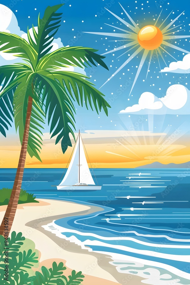 Obraz premium Tropical Beach Sunset With Sailboat