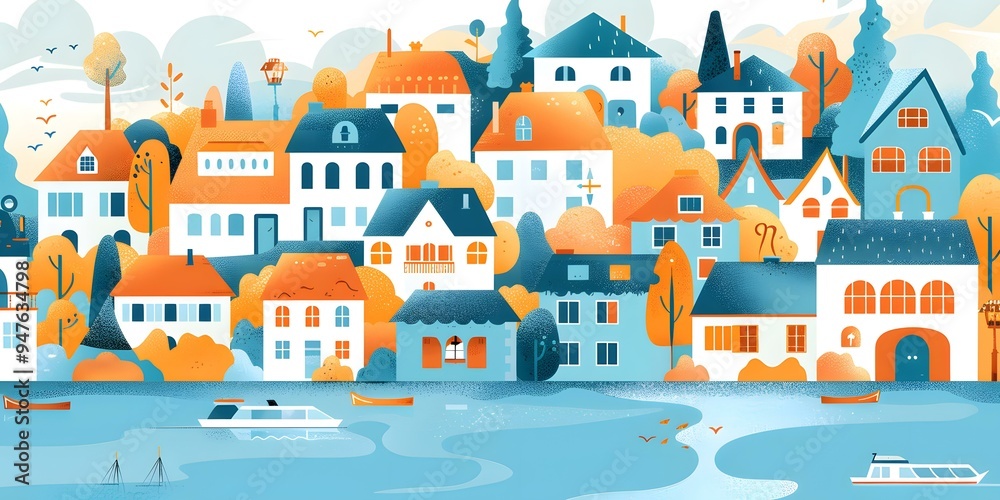 Cute Houses by the River in Autumn Cute Houses by the River in Autumn