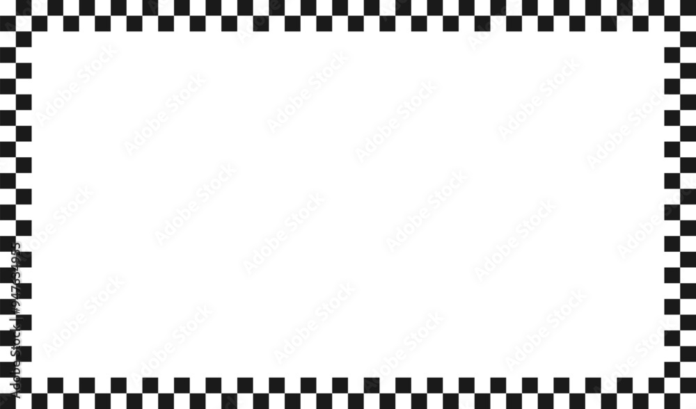 Checkered rectangle frame. Square race checker flag pattern. Checkerboard geometric pattern. Black and white rally chess square pattern. Finish race frame. Vector illustration on white background. Checkered rectangle frame. Square race checker flag pattern. Checkerboard geometric pattern. Black and white rally chess square pattern. Finish race frame. Vector illustration on white background.