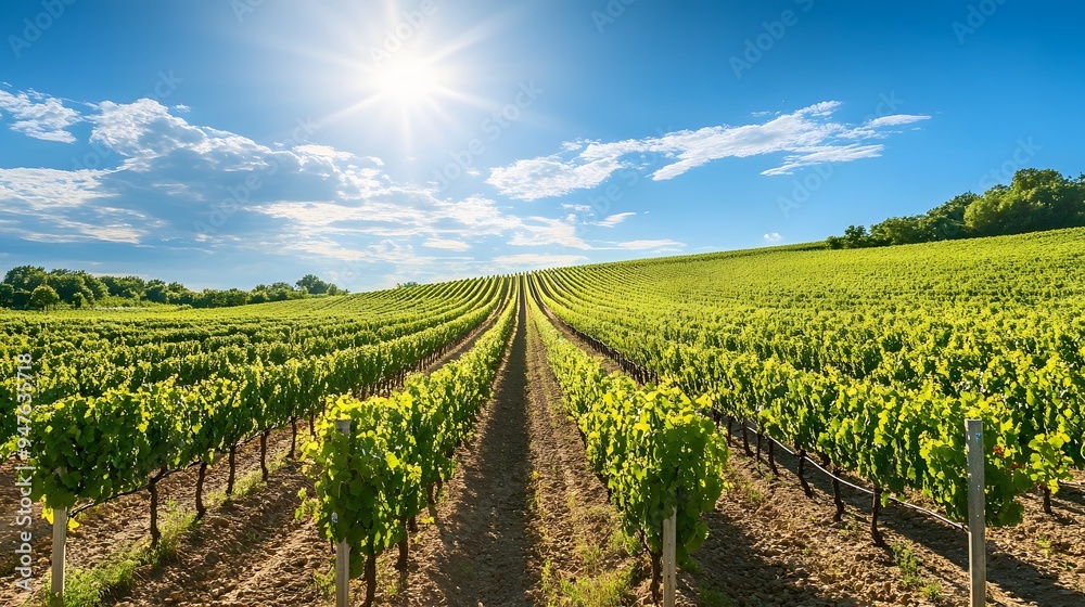 44. A picturesque vineyard with rows of grapevines stretching towards the horizon under a bright, sunny sky 44. A picturesque vineyard with rows of grapevines stretching towards the horizon under a bright, sunny sky