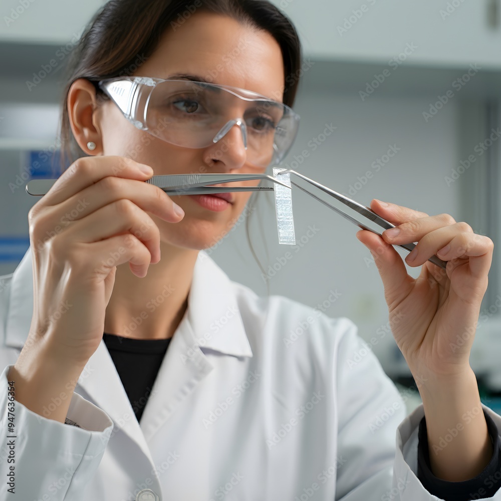 Focused Scientist Examining Transparent Material Focused Scientist Examining Transparent Material