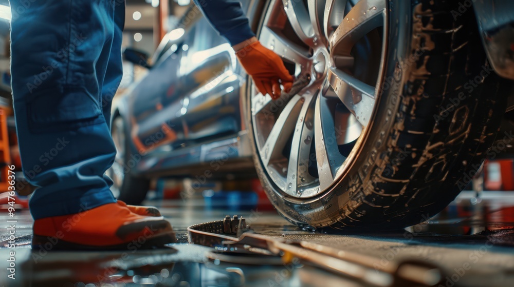 Fotografie The mechanic fixing car tire
