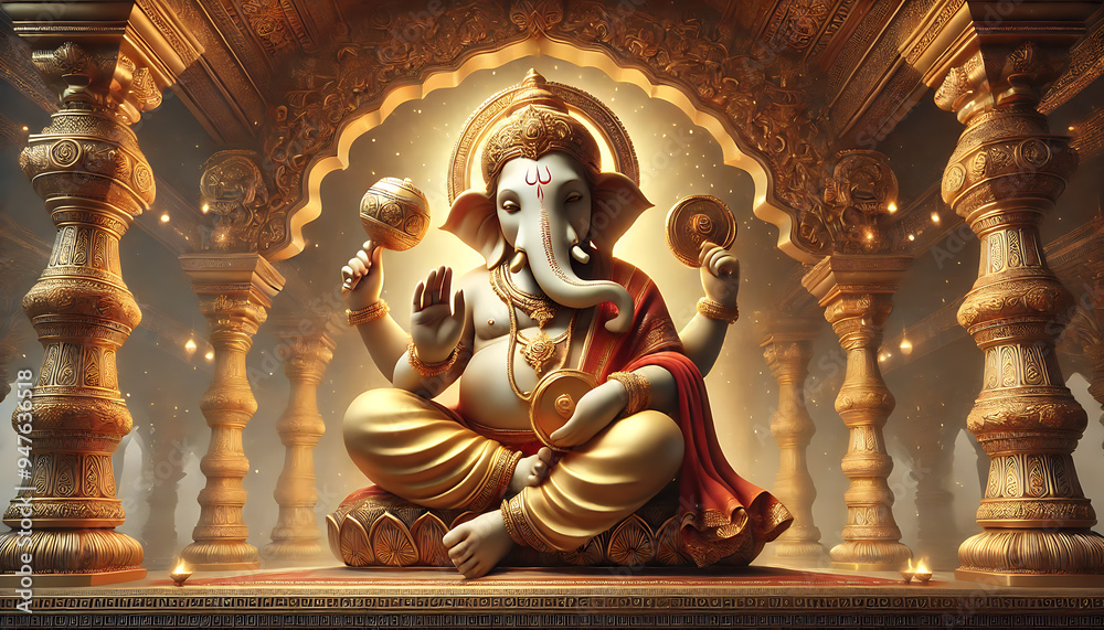 Fototapeta premium The image shows a golden statue of the Hindu deity Ganesha inside an ancient temple, rich with intricate decorations and patterns, highlighting the religious and cultural significance of the site in A