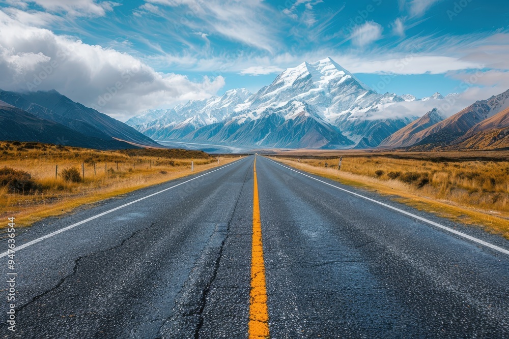 Naklejka premium A winding road leading towards a majestic snow-capped mountain range