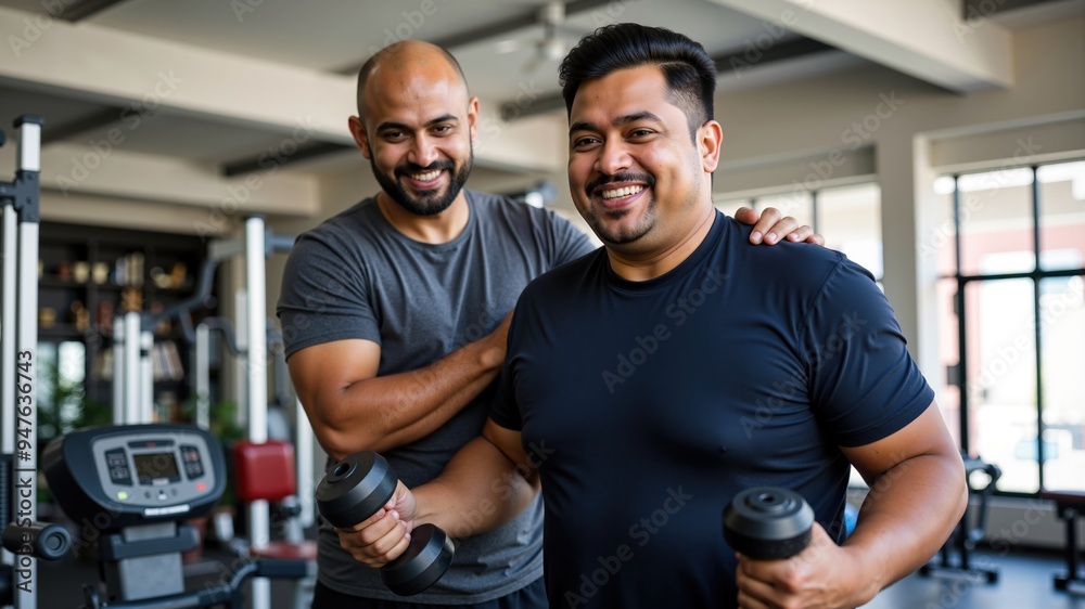 Personal Trainer Motivating Overweight Indian Man During Weight Workout Personal Trainer Motivating Overweight Indian Man During Weight Workout