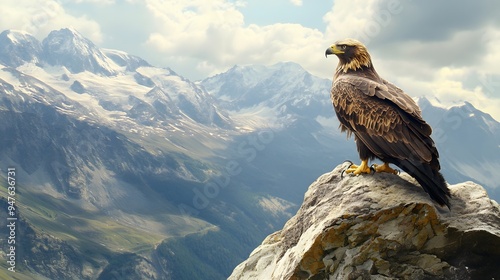 52. A close-up of a majestic eagle perched on a rocky cliff with a sweeping view of a valley and snow-capped mountains