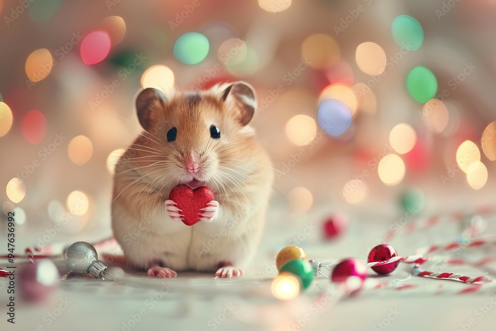 cute golden fluffy hamster holding red heart in paws on blurred bokeh background cute golden fluffy hamster holding red heart in paws on blurred bokeh background
