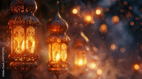 Ornate Golden Lanterns with Warm Glowing Lights and Festive Bokeh