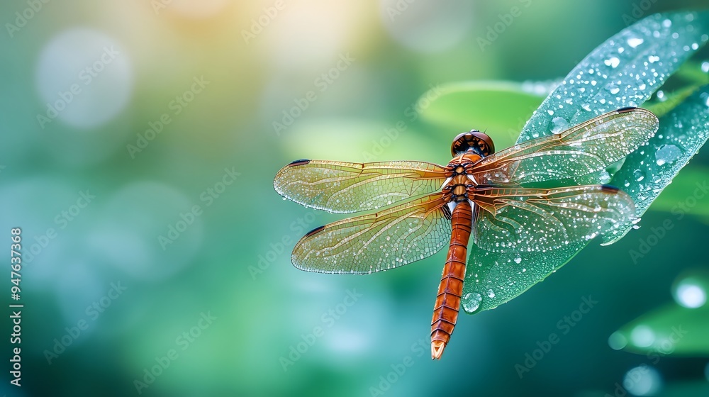 62. A close-up of a vibrant dragonfly resting on a dewy leaf with a blurred background of lush greenery 62. A close-up of a vibrant dragonfly resting on a dewy leaf with a blurred background of lush greenery