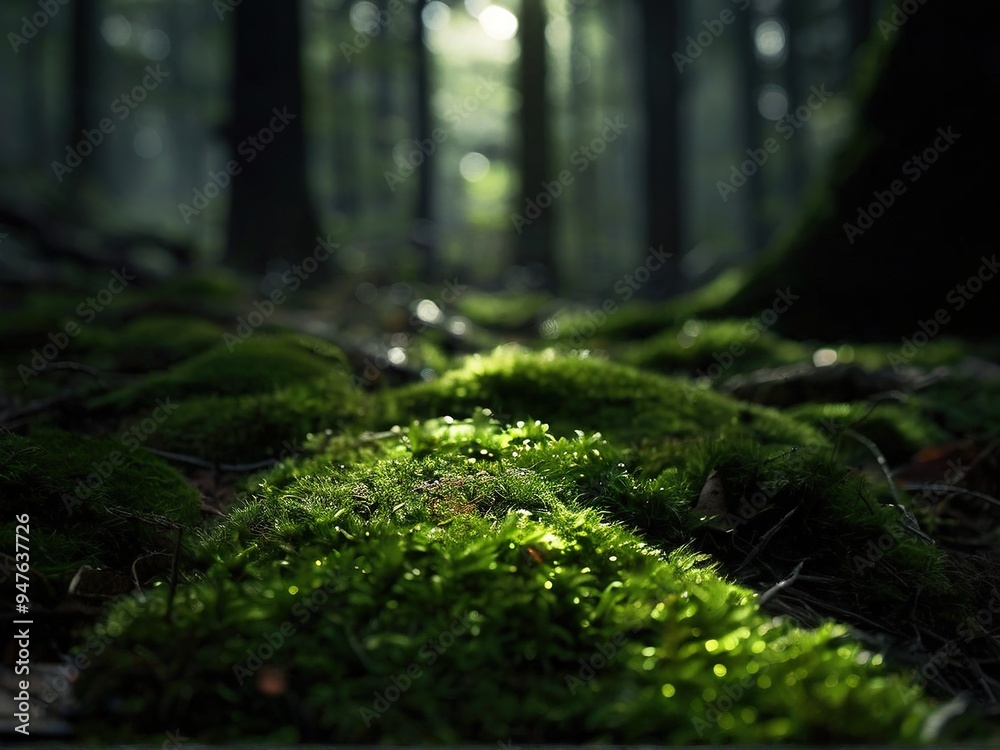 Close-up of lush green moss growing on the forest floor, bathed in sunlight filtering through the trees. Close-up of lush green moss growing on the forest floor, bathed in sunlight filtering through the trees.