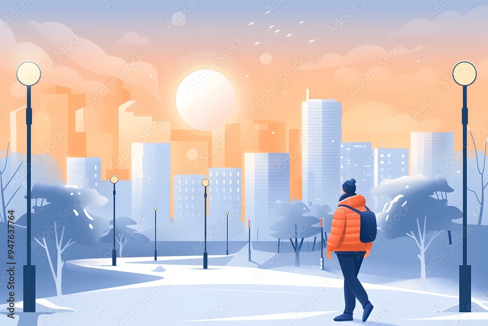 Man Walking In Winter City Park With Sunset View Man Walking In Winter City Park With Sunset View
