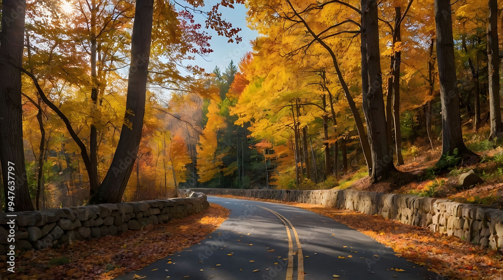 Obraz premium Winding Road Through Autumnal Forest with Stone Wall