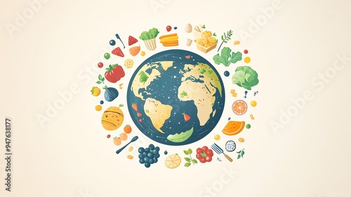 Earth surrounded by colorful fruits and vegetables representing healthy and sustainable eating.