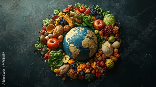 Image of a globe with an assortment of foods forming a wreath around it, in a flat design, top view, World Food Day focus theme, 3D render, Triadic Color Scheme