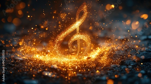 Golden Treble Clef Sparkles Against a Dark Background