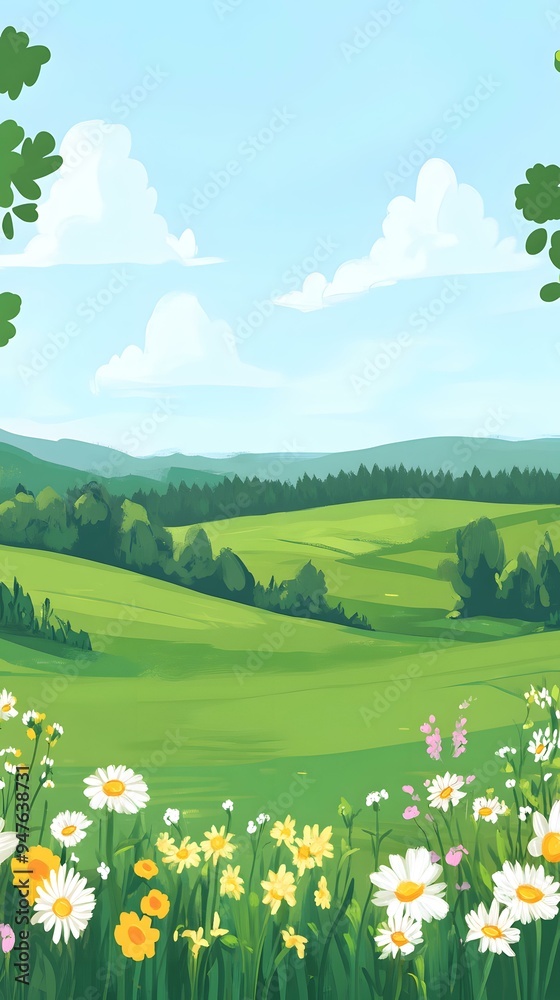 Fototapeta premium Summer Landscape Illustration with Green Hills and Flowers