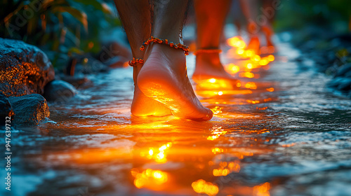 Illuminated Pilgrimage: Devotees Walking Barefoot on Sacred Path Leaving Glowing Traces