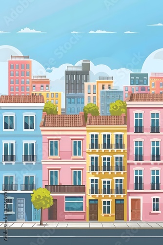 Colorful Townhouses with Balcony and Street Scene Illustration