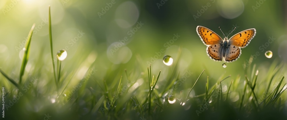 Orange Butterfly Soaring Over Dew-Covered Grass Orange Butterfly Soaring Over Dew-Covered Grass